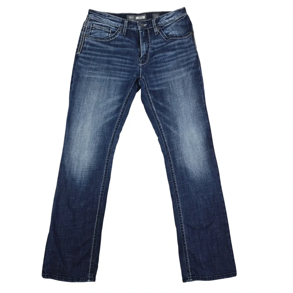 BKE Jake Straight Leg Jeans Mens 32R 32x32 Blue Medium Dark Wash Stretch Denim